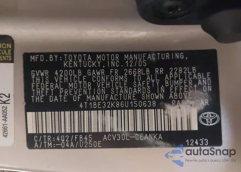 2006 Toyota Camry Le z USA, uszkodzony, nr VIN 4T1BE32K86U150638